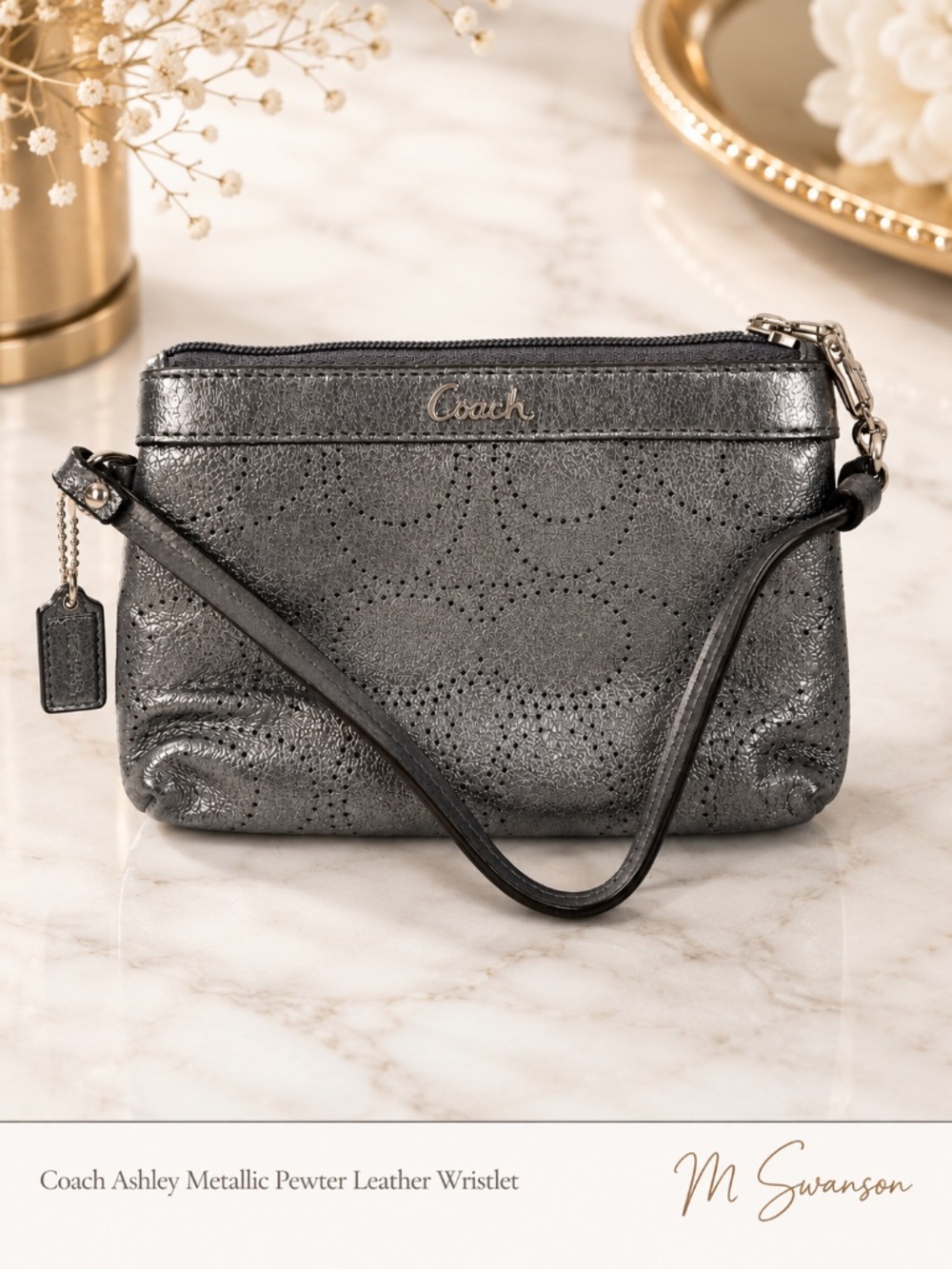 Coach Ashley Metallic Pewter Perforated Signature Leather Wristlet – EUC